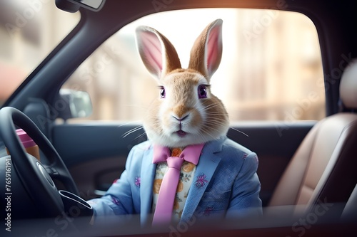 Playful Bunny in Car Sharing Colored Easter Egg Magic