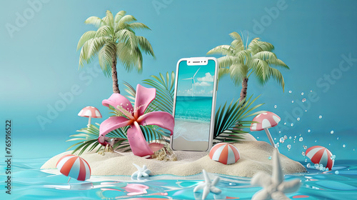 The concept of a summer vacation is depicted with elements such as a smartphone, ocean, beach, and palm trees, subtly suggesting the idea of blending work with leisure time