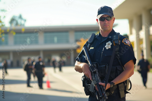 Police security officer protecting high school campus, carrying of weapons, assault, school shooting concept