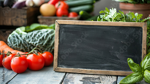 On a wooden table, there's a delightful display of fresh vegetables, accompanied by a chalkboard providing plenty of space for notes or messages