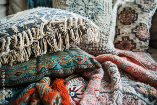 Bohemian style blankets and cushions. Details of boho style, eco design interior. Generative AI
