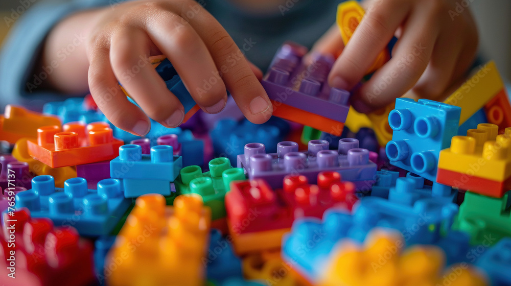 Close-up of Hands Assembling Building Blocks for Hands-On Learning Concept Close-up of Hands Assembling Building Blocks for Hands-On Learning Concept