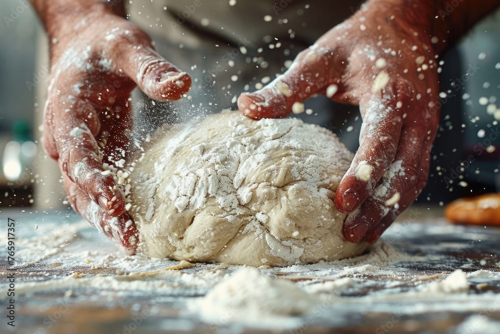 Fototapeta premium Chef Preparing Bread Dough on Floured Surface