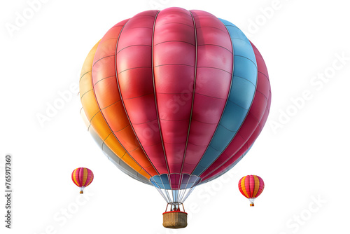 A whimsical 3D cartoon-style illustration of a colorful hot air balloon floating in the sky.