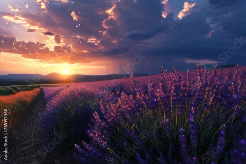 Sunset over a violet lavender field .Valensole lavender fields,