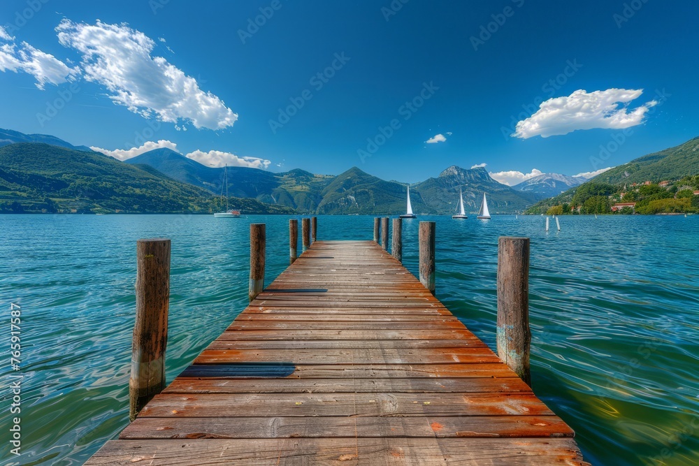 A wooden dock extends over a calm body of water under a clear sky