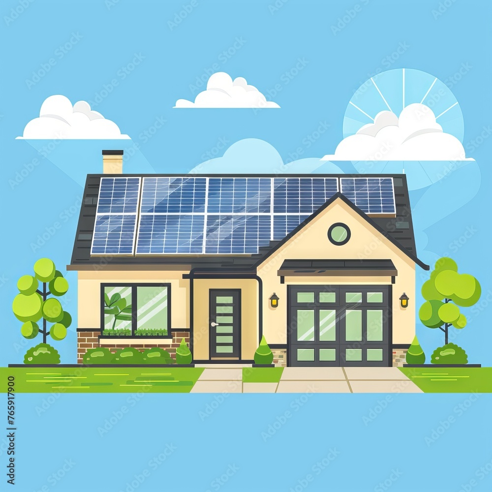 Fototapeta premium Model of a house with solar panels surrounded by green trees. Concept: Eco-friendly housing, real estate investment and home insurance, savings for home purchase