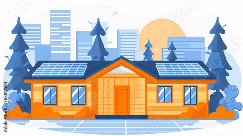 Model of a house with solar panels surrounded by green trees. Concept: Eco-friendly housing, real estate investment and home insurance, savings for home purchase