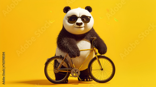 A carnivore panda bear wearing sunglasses rides a yellow bicycle