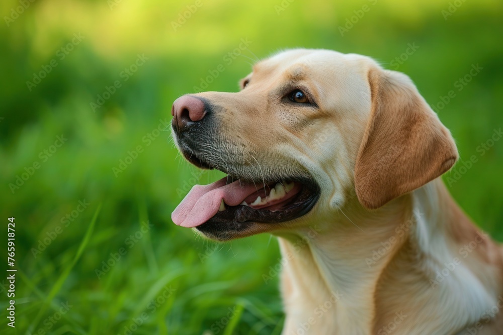 Close-up of a joyful Labrador located on the right side of the frame with a green grass background, providing Close-up of a joyful Labrador located on the right side of the frame with a green grass background, providing