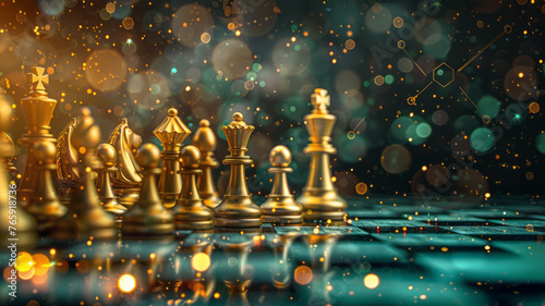 Captivating chessboard imagery blends tradition and innovation, reflecting market dynamics in gold and green hues.generative ai