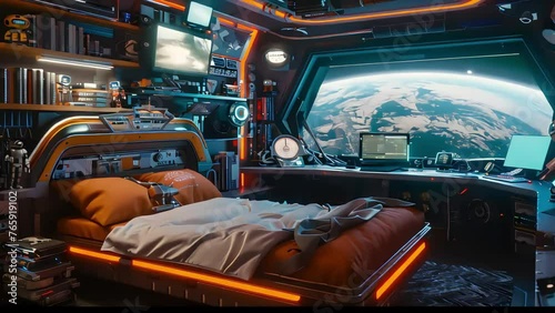 a futuristic teenager's room on an orbital station. a breathtaking view of Earth. Generative AI