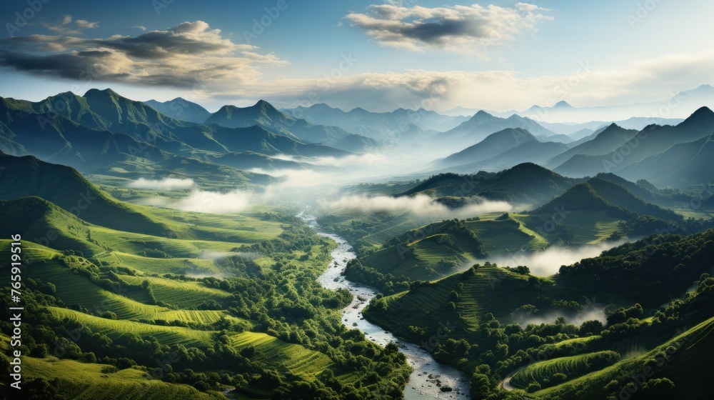 Landscape with mountains and river in the morning. - obrazy, fototapety, plakaty 