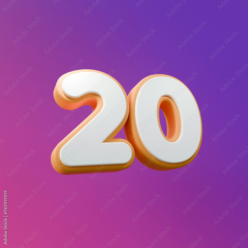 White twenty or 20 with yellow outline isolated over purple background. 3D rendering number. White twenty or 20 with yellow outline isolated over purple background. 3D rendering number.