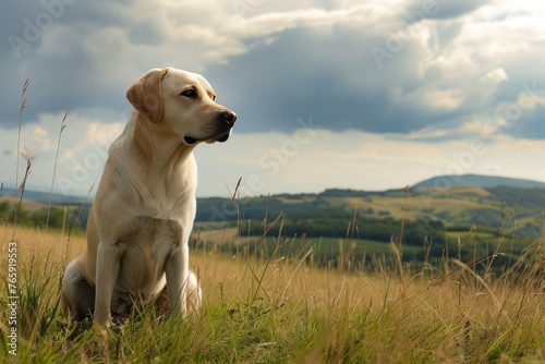 Labrador posing gracefully on the left side of the frame against a backdrop of rolling hills, offering space for text