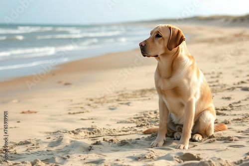 Playful Labrador sitting on the right side of the frame against a sandy beach backdrop, with available space for text on the left (Copy Space).