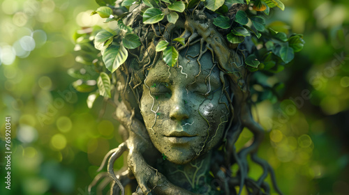 Portrait of Mother Earth with tree roots and plants․International Mother Earth Day. Environment and conservation concept. 