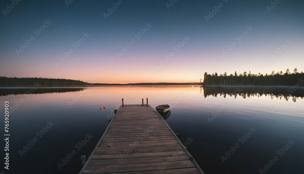Sunset on a lake wooden pier with fishing boat at sunset in finland