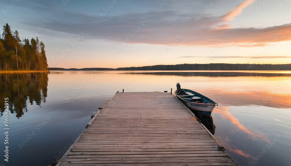 Sunset on a lake wooden pier with fishing boat at sunset in finland - obrazy, fototapety, plakaty 