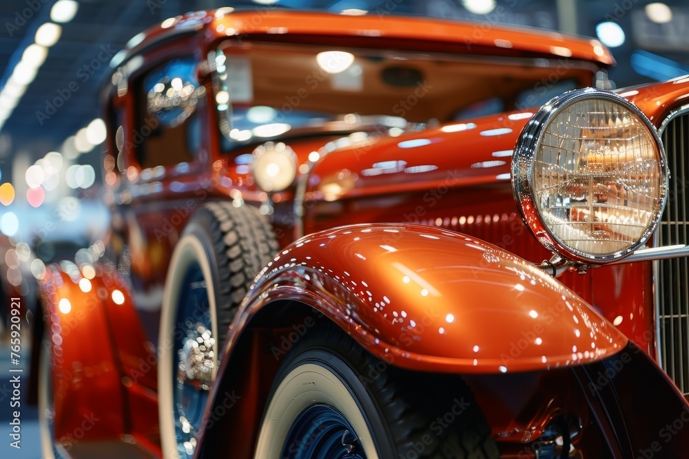 A gleaming meticulously detailed classic car on display at a car show reflecting the spotlights. A gleaming meticulously detailed classic car on display at a car show reflecting the spotlights.