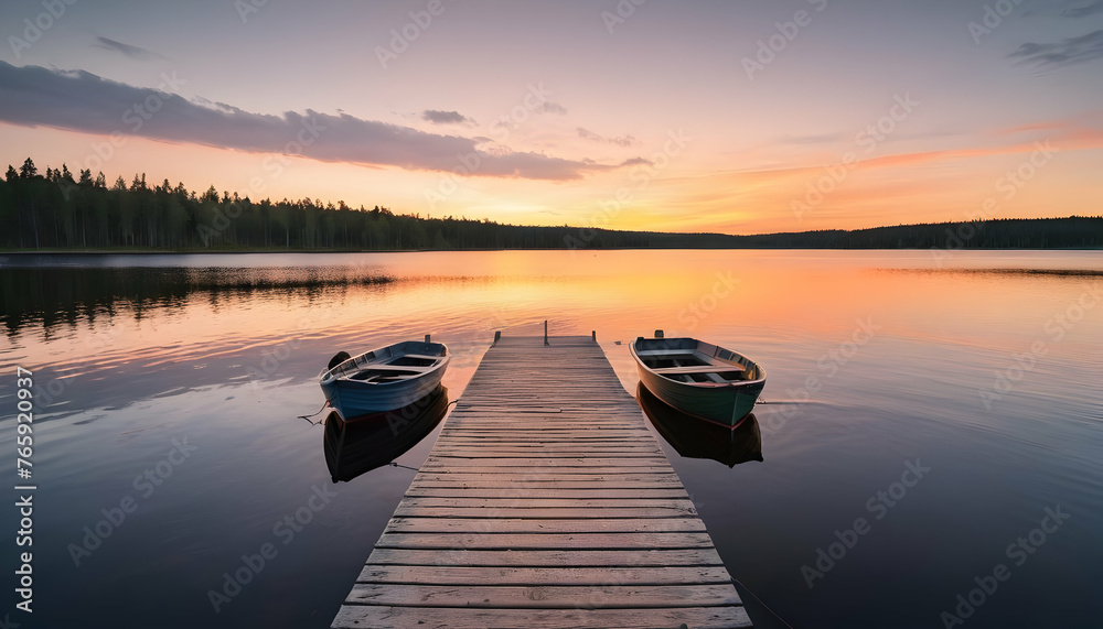 Sunset on a lake wooden pier with fishing boat at sunset in finland