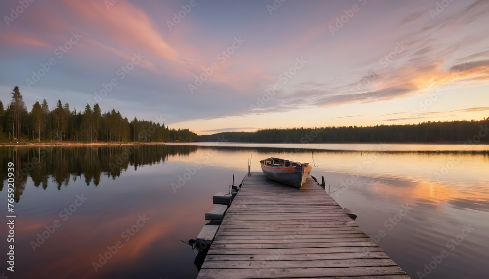 Sunset on a lake wooden pier with fishing boat at sunset in finland - obrazy, fototapety, plakaty 