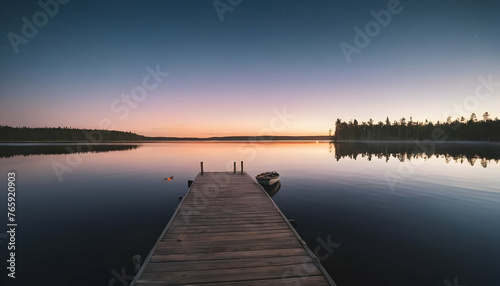 Sunset on a lake wooden pier with fishing boat at sunset in finland © Mian