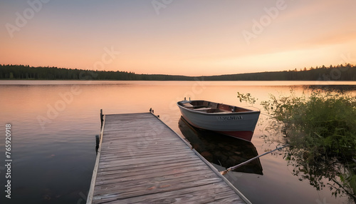 Sunset on a lake wooden pier with fishing boat at sunset in finland