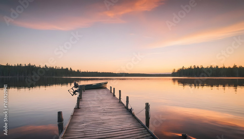 Sunset on a lake wooden pier with fishing boat at sunset in finland photo