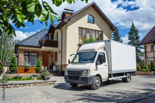A moving truck parked in front of a house.