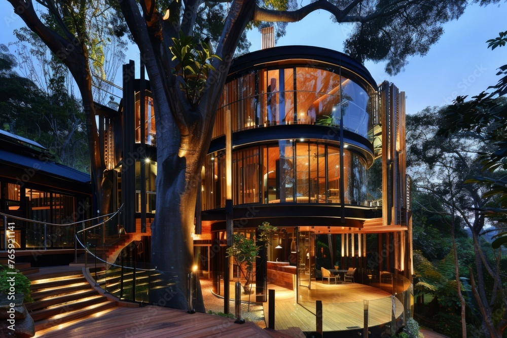 A modern house with a tree in the background and stairs. Generative AI. - obrazy, fototapety, plakaty 