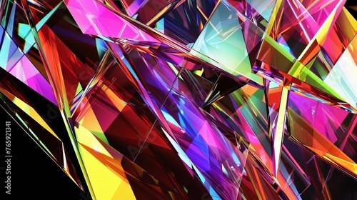 Abstract multicolored glass shards on black background, dynamic prismatic composition, digital art illustration photo