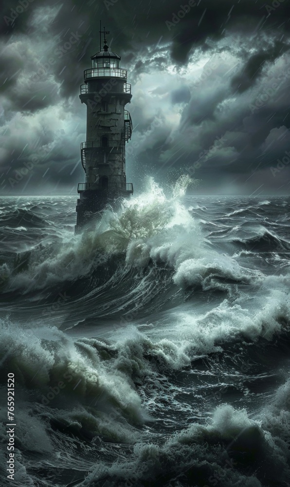 A lighthouse in the middle of a stormy ocean with waves crashing around it. Generative AI.
