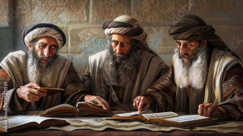 Ancient Jewish Pharisees studying religious scriptures during Jesus' era, historical illustration, digital painting photo