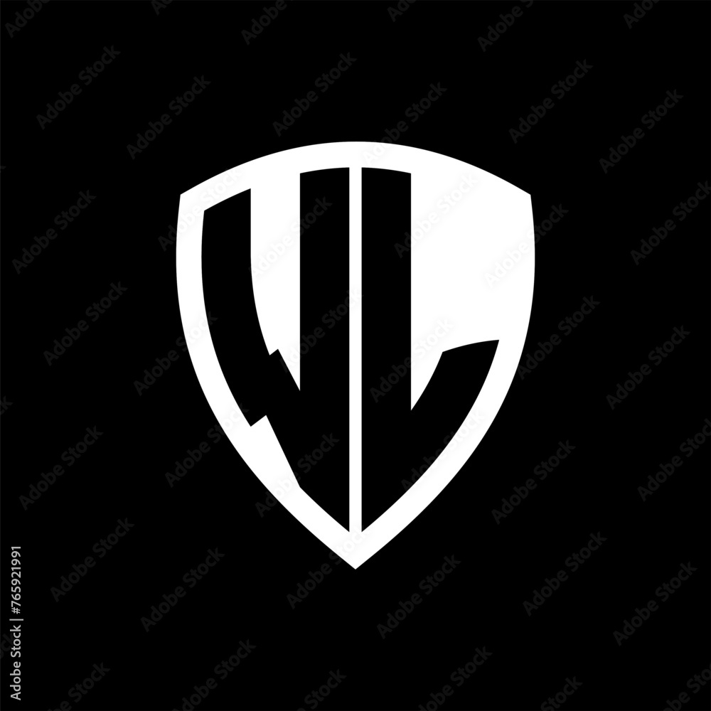 WL monogram logo with bold letters shield shape with black and white color design