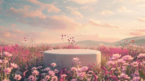 Elegant product display podium in a dreamy flower field, soft morning light, photorealistic wide angle digital art