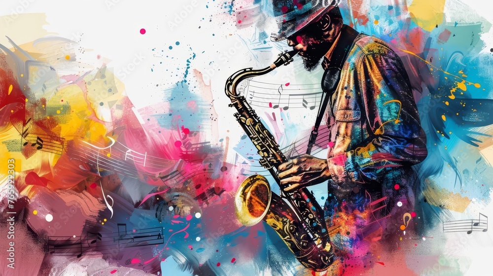 Expressionistic Portrait of a Musician Playing Saxophone, with Colorful Paint Splatters and Music Notes - Mixed Media Illustration - obrazy, fototapety, plakaty 
