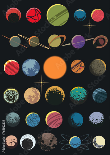 Planets Drawing Collection. Sun, Mercury, Venus, Earth, Mars, Jupiter, Saturn, Uranus, Neptune, Pluto, Asteroid, Moon, Craters, Fantastic Celestial Bodies