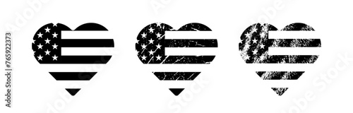 Retro grunge texture style heart shape american flag set vector illustration in black. Usa freedom flag to use in 4th july independence day, usa election, memorial day projects. 