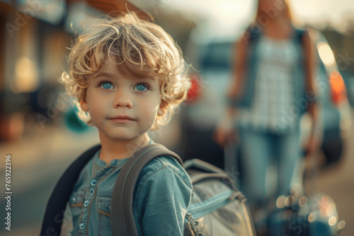 A young child with bright blue eyes looks curious and thoughtful on a bustling urban street, with soft focus in the background. 
