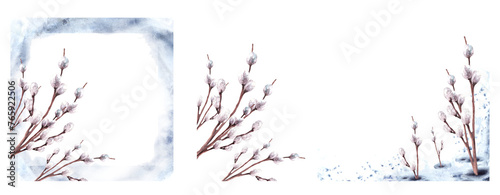 Fototapeta Naklejka Na Ścianę i Meble -  Watercolor flowering branches with pussy willow trees on watercolor stains background greeting card set template Hand drawn Illustration. Catholic, Orthodox Easter Palm Sunday spring clipart. Isolated