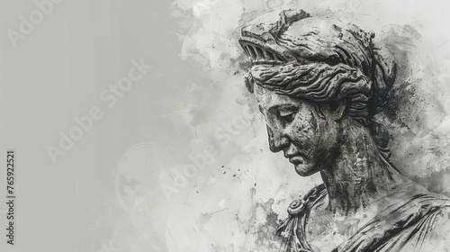 Greek goddess sculpture, muse head in contemplative pose. Charcoal sketch. Mythological art.