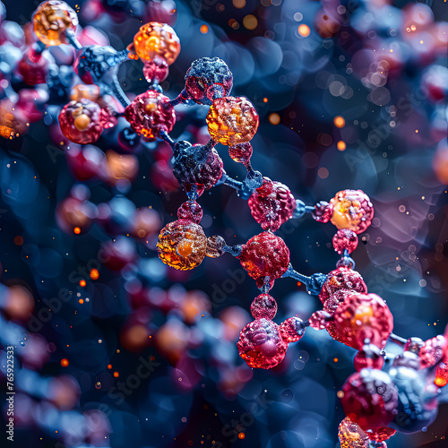 A colorful, abstract painting of DNA strands with many different colored spheres. The painting is full of vibrant colors and has a sense of movement and ener photo