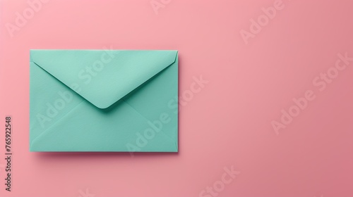 Green envelope isolated on light pink color background. With copy space for add text. photo