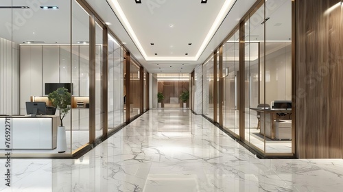 Luxurious White and Wooden Office Corridor Leading to CEO Office  3D Rendering