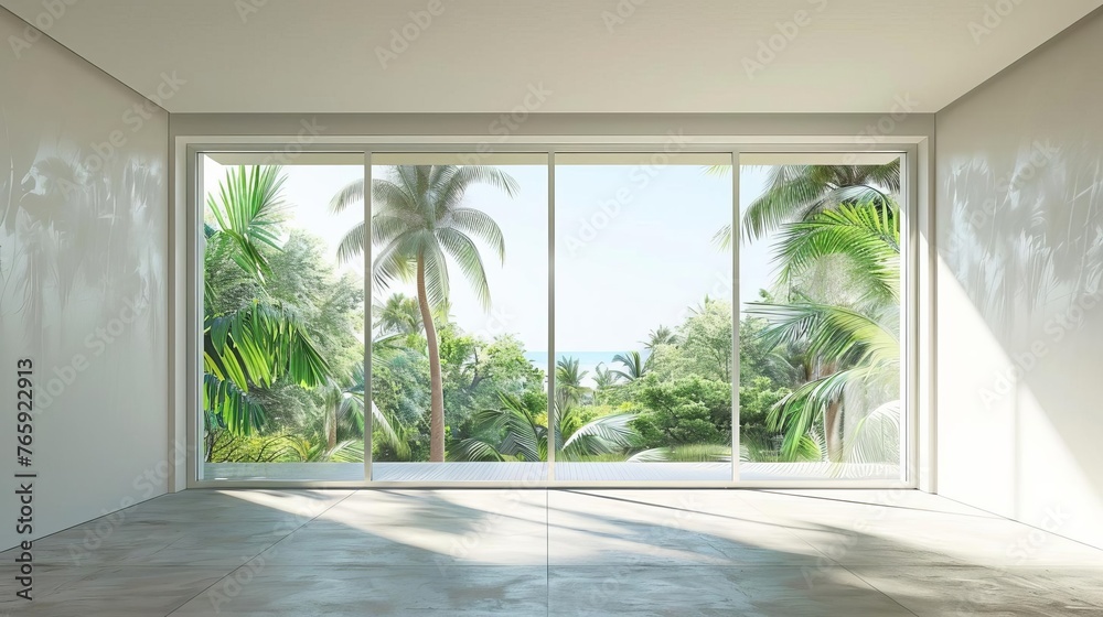 Minimalist Modern Home Empty Living Room Interior with Panoramic Tropical Window View Minimalist Modern Home Empty Living Room Interior with Panoramic Tropical Window View