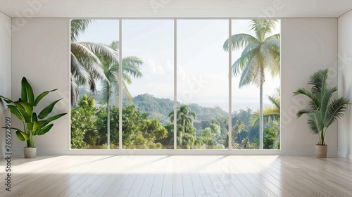 Minimalist Modern Home Empty Living Room Interior with Panoramic Tropical Window View