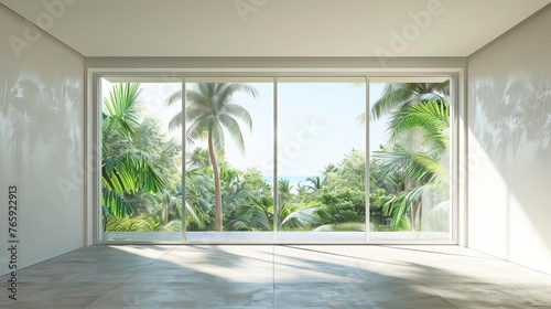 Minimalist Modern Home Empty Living Room Interior with Panoramic Tropical Window View