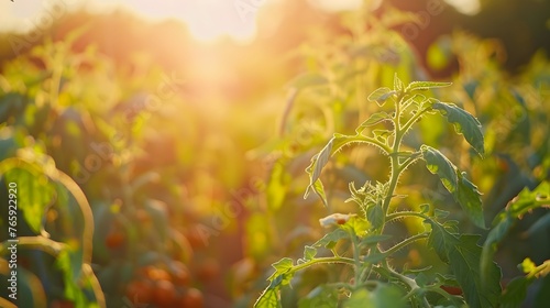 organic tomato farm in warm sunlight generative ai © Mehak