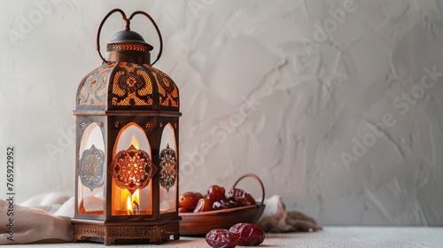 Muslim unique lantern and dates on white background. With copy space for add text